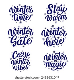  Set of hand lettering blue quotes with snowflakes isolated on white background. Vector typography for posters, banners, greeting cards, home decor, mugs, clothes