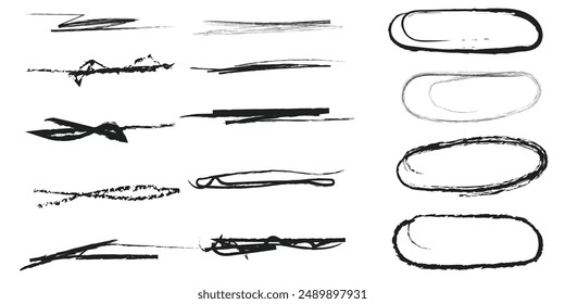 A set of hand lettering with a brush, emphasizing, strikethrough lines and ovals . Ornate swirls, decorative dividers. Underline stroke. Pencil or pen drawn lines. Vector collection of design elements