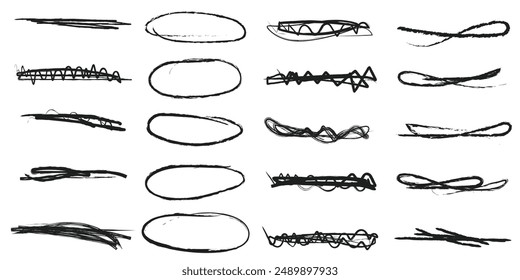 A set of hand lettering with a brush, emphasizing, strikethrough lines and ovals . Ornate swirls, decorative dividers. Underline stroke. Pencil or pen drawn lines. Vector collection of design elements
