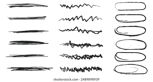 A set of hand lettering with a brush, emphasizing, strikethrough lines and ovals . Ornate swirls, decorative dividers. Underline stroke. Pencil or pen drawn lines. Vector collection of design elements