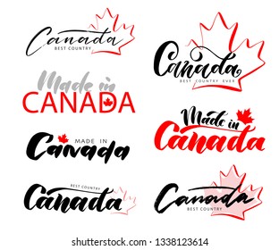 Set of hand lettering Canada logo with a maple leaf. Made in Canada, Best Country Ever.