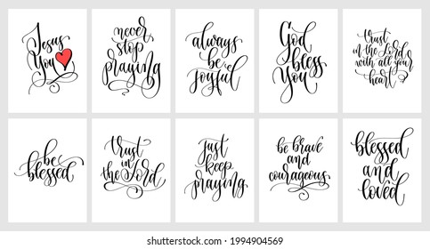 Set of hand lettering christian quotes, positive phrases about God and praying, calligraphy vector illustration