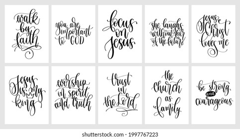 Set of hand lettering christian quotes, positive phrases about God and praying, calligraphy vector illustration