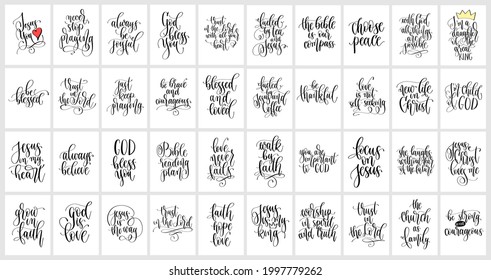 Set of hand lettering christian quotes, positive phrases about God and praying, calligraphy vector illustration