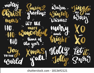 set of hand lettering Christmas quotes isolated on black background. Good for posters, prints, cards, stickers, logos, signs, invitations, banners, etc. Festive inscriptions. EPS 10