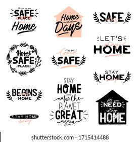 Set of hand lettering with Coronavirus messages for stay home. Protect from Covid-19 epidemic handwritten hashtag. Self-isolation and quarantine phrases for social media, banners, web, stickers, tags