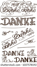 Set of hand lettering. Danke. German word "thank you". Black ink. Lovely german greeting card .