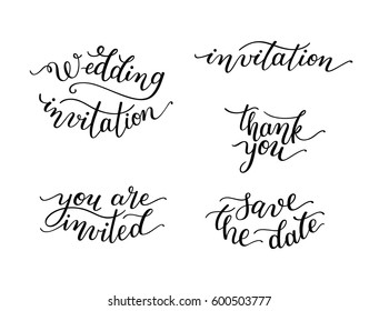 Set of hand lettering for invitations, weddings. Isolated on white background.