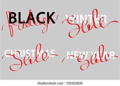 set of hand lettering like ribbon vector illustration inscription of winter, christmas, new year sale and black friday for design of banners, cards, flyers, posters, tags, brochures