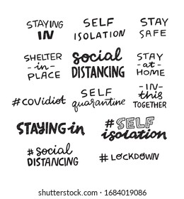 Set of hand lettering messages for stay home campaign. Protect from Coronavirus or Covid-19 epidemic handwritten hashtags. Self-isolation, quarantine phrases for social media, stickers, tags