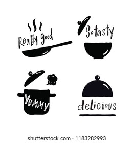 Set of hand lettering phrases about tasty food. Delisious, really good,so tasty, yummy. Illustration of cooking utensils. Frying pan, pan, plate, tray.