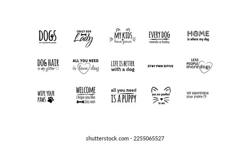 Set hand lettering positive quote about cat and dog, pet care phrases, calligraphy vector illustration collection. Woof you to the moon and back. Save a life, adopt a homeless pet. Positive quotes set svg
