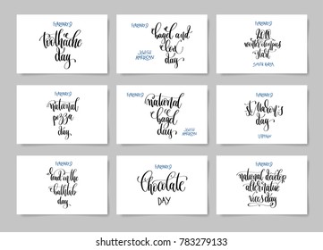 set of hand lettering posters about february 9 world winter holidays design, calligraphy vector illustration collection