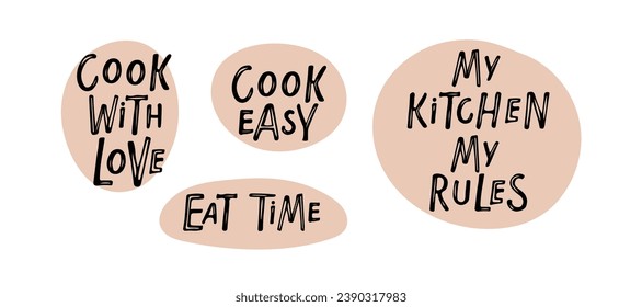 Set of hand lettering quotes for kitchen and cooking. Texts on Cutting board. Kitchen Poster, banner, cookware print, badge, label for shop, kitchen classes, cafe, food studio. Handwritten phrases