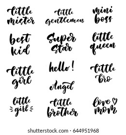 Set of hand lettering quotes to print on babies clothes, nursery decorations (bags, posters, invitations, cards, pillows, etc.). Vector photo overlays.