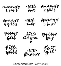 Set of hand lettering quotes to print on babies clothes, nursery decorations (bags, posters, invitations, cards, pillows, etc.). Vector photo overlays.