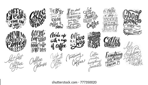 Set of Hand lettering quotes with sketches for coffee shop or cafe. Hand drawn vintage typography collection isolated on white background