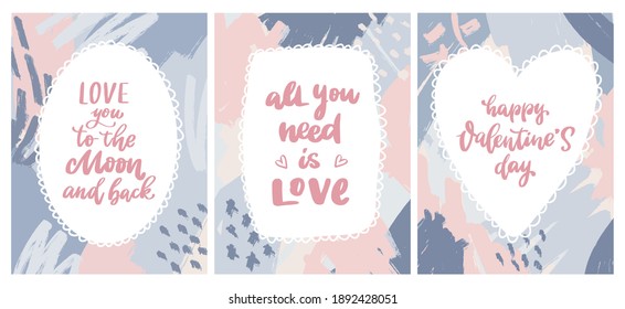 set of hand lettering quotes for Valentine's day isolated on memphis backgrounds. Good for invitation templates, posters, prints, cards, etc. EPS 10
