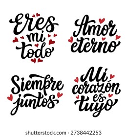 Set of hand lettering romantic quotes in spanish isolated on white background. Vector typography for Valentine's day, wedding decorations, cards, poster, banner