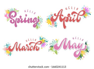 set of hand lettering spring month quotes March, April, May, Spring decorated with flowers on white background. Poster, print, calendar, card, sticker, etc. Festive typography inscription. EPS 10