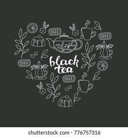 Set of Hand Lettering and Tea Accessories: Cup, Teapot and Leaves