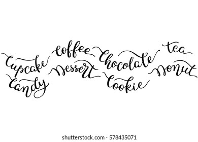 Set hand lettering words. Cupcake, coffee, chocolate, tea, candy, dessert, cookie, donut. Seamless pattern. Vector illustration on white background.