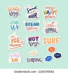 Set Of Hand Lettering Words And Phrases For Summer Vacation On The Beach. Vitamin Sea, Beach Day, Sand In My Hair, Surf Day, Ocean Is Calling Hand Drawn Stickers.