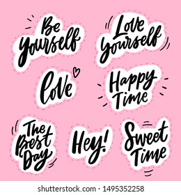 Set of Hand lettering words stickers. Modern calligraphy slogan elements for print, decor.