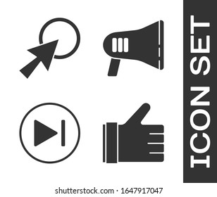 Set Hand like, Arrow cursor, Fast forward and Megaphone icon. Vector