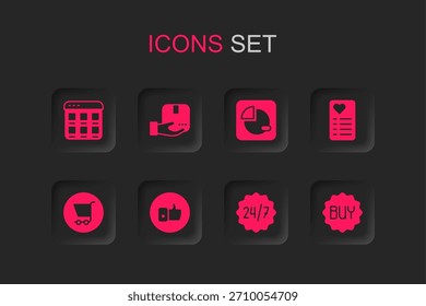 Set mano como, mano de entrega con caja, compras en línea en pantalla, reloj 24 horas, lista de compras, comprar Botón, gráfico de pastel infografía e icono de Carrito. Vector