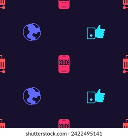 Set Hand like, Earth globe, Foreign language online study and Suitcase on seamless pattern. Vector