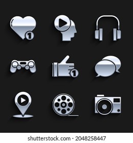 Set Hand like, Film reel, Photo camera, Speech bubble chat, Digital media play with location, Gamepad, Headphones and Like heart icon. Vector