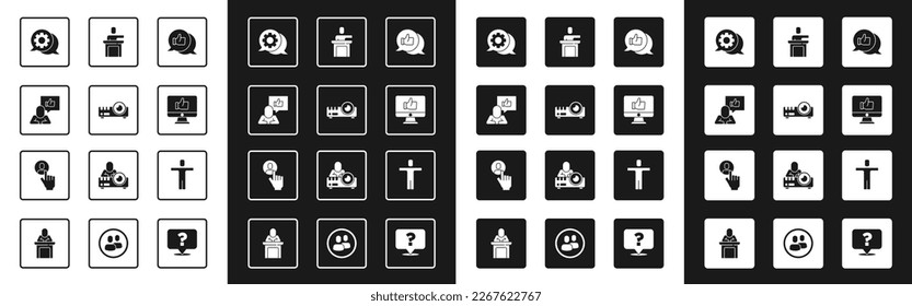 Set Hand like, Media projector, Speech bubble chat, Speaker, Head hunting and  icon. Vector