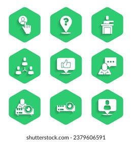 Set Hand like, Media projector, Head hunting, Speech bubble chat, Project team base, Speaker and  icon. Vector