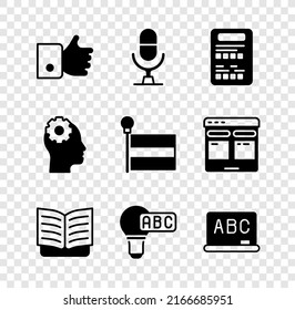 Set Hand Like, Microphone Voice Device, Exam Sheet, Open Book, Creative Lamp Light Idea, Chalkboard, Head With Gear Inside And Flag Icon. Vector