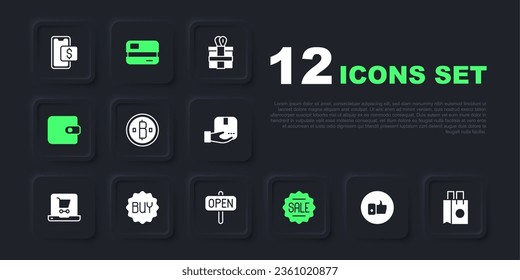 Set Hand like, Paper shopping bag, Cryptocurrency coin Bitcoin, Price tag with Sale, Wallet, Buy button, Credit card and Hanging sign text Open icon. Vector