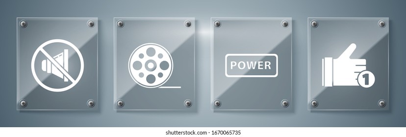 Legen Sie Hand wie, Power-Button, Filmrolle und Lautsprechermute. Viereckige Glasplatten. Vektorillustration