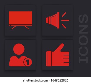 Ajuste manos como, Smart Tv, volumen del altavoz y icono Agregar a amigo. Vector