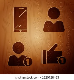 Set Hand like, Smartphone, mobile phone, Add to friend and Add to friend on wooden background. Vector