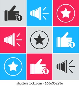 Set Hand like, Speaker volume and Star icon. Vector