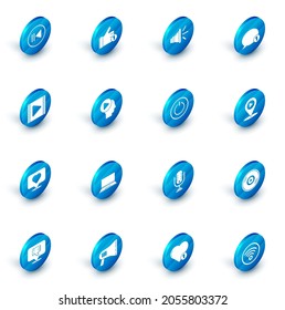 Set Hand like, Speaker volume, Speech bubble chat, Play Video, Like heart, Head people with play button, Digital media location and Power icon. Vector