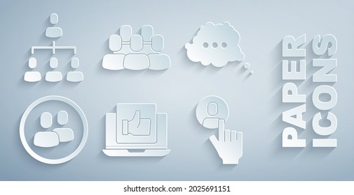 Set Hand like, Speech bubble chat, Project team base, Head hunting,  and Hierarchy organogram chart icon. Vector