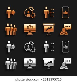 Set Hand like, Speech bubble chat, Chalkboard with diagram, Users group, of man in business suit, Team leader and Head hunting icon. Vector