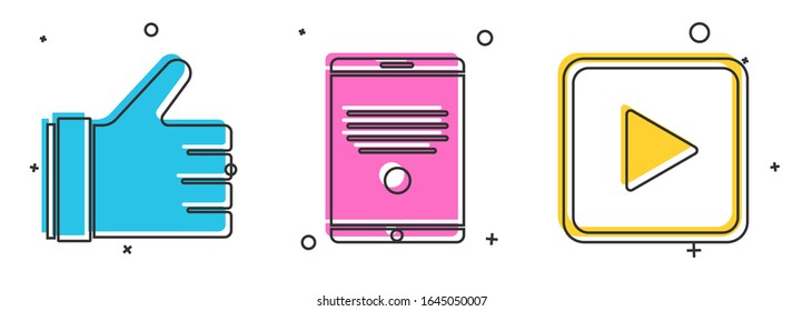 Set Hand like, Tablet and Play in square icon. Vector