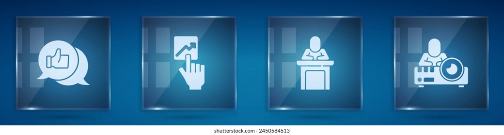 Set Hand like, Team leader, Speaker and Media projector. Square glass panels. Vector