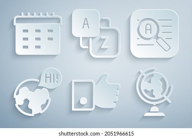 Set Hand like, Translator, Learning foreign languages, Earth globe, Vocabulary and School timetable icon. Vector