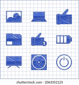 Set Hand like, Vinyl disk, Power button, Battery charge level indicator, Smart Tv, Document folder,  and Picture landscape icon. Vector