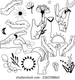 Juego de líneas de mano de arte sol y flores, cristal, luna en mano, hojas sobre fondo blanco. Logo de belleza, estilo lineal minimalista.Ilustración vectorial.