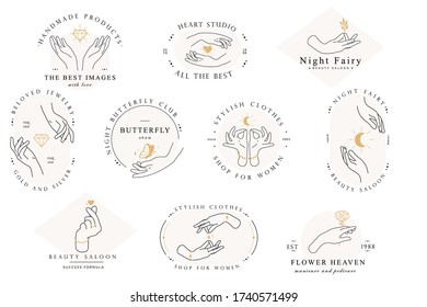 Establece el gesto del logotipo de la línea de mano. Ilustración vectorial sobre fondo blanco. Estilo dibujado a mano. Ilustraciones de amor, cuidado, piel y tatuajes vectoriales.