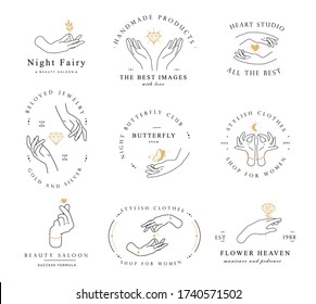 Establece el gesto del logotipo de la línea de mano. Ilustración vectorial sobre fondo blanco. Estilo dibujado a mano. Ilustraciones de amor, cuidado, piel y tatuajes vectoriales.